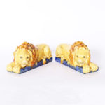 Pair of Antique Italian Glazed Earthenware Recumbent Lions