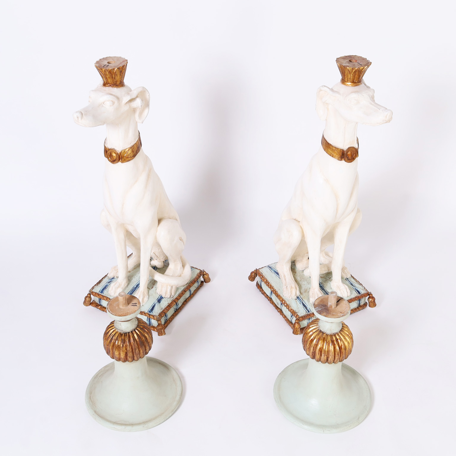 Pair of Antique Italian Parcel Gilt Carved Wood Whippets with Urns