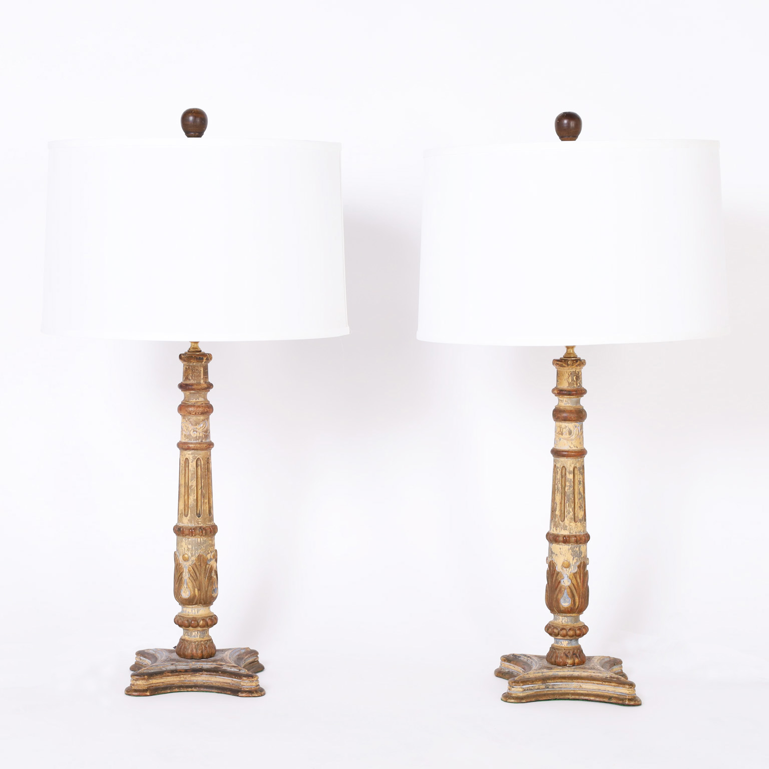 Pair of Antique Painted Italian Carved Wood Table Lamps