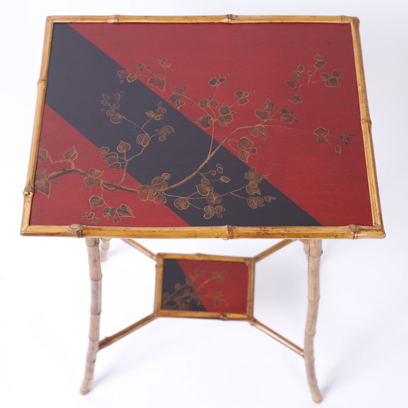 Pair of British Colonial Style Bamboo Stands with Red and Black Motif