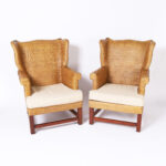 Pair of Vintage British Colonial Style Woven Reed Wingback Armchairs