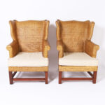 Pair of Vintage British Colonial Style Woven Reed Wingback Armchairs