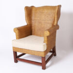 Pair of Vintage British Colonial Style Woven Reed Wingback Armchairs