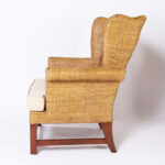 Pair of Vintage British Colonial Style Woven Reed Wingback Armchairs