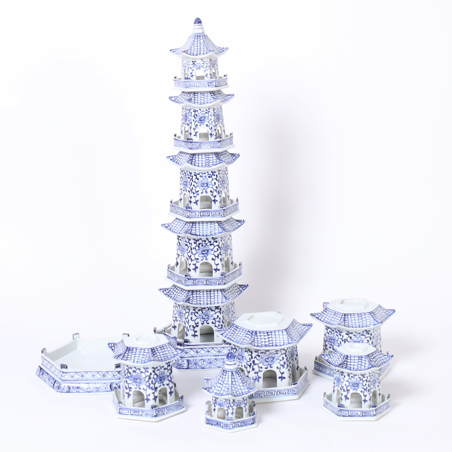 Pair of Chinese Blue and White Porcelain Pagoda Towers