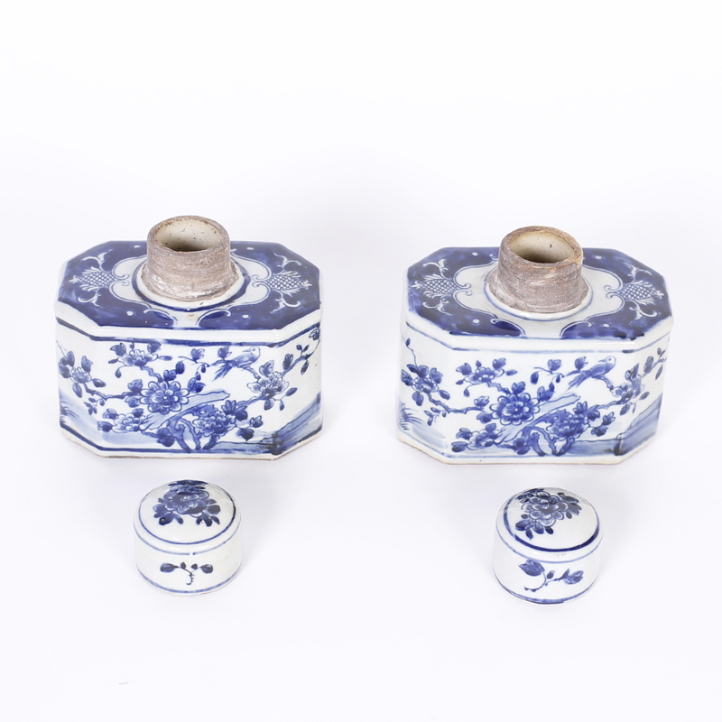 Pair of Chinese Blue and White Porcelain Tea Caddies with Flowers