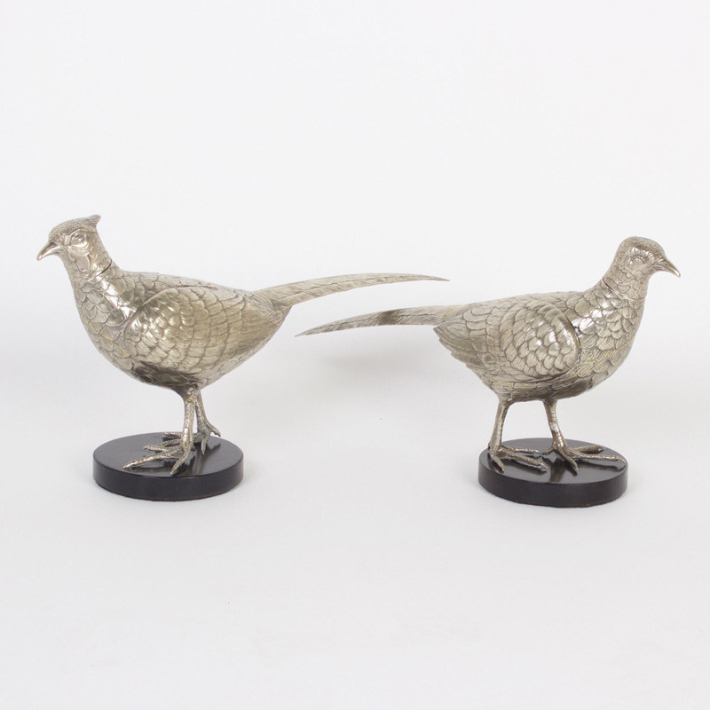 Pair of Mid Century Silvered Metal Pheasants