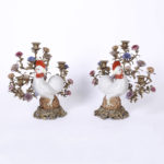 Pair of Bronze and Porcelain Chicken Candelabras