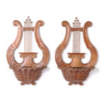 Pair of Carved Mahogany Lyre Form Wall Sconces