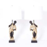 Pair of Carved Wood Painted Table Lamps with Moroccan Figures