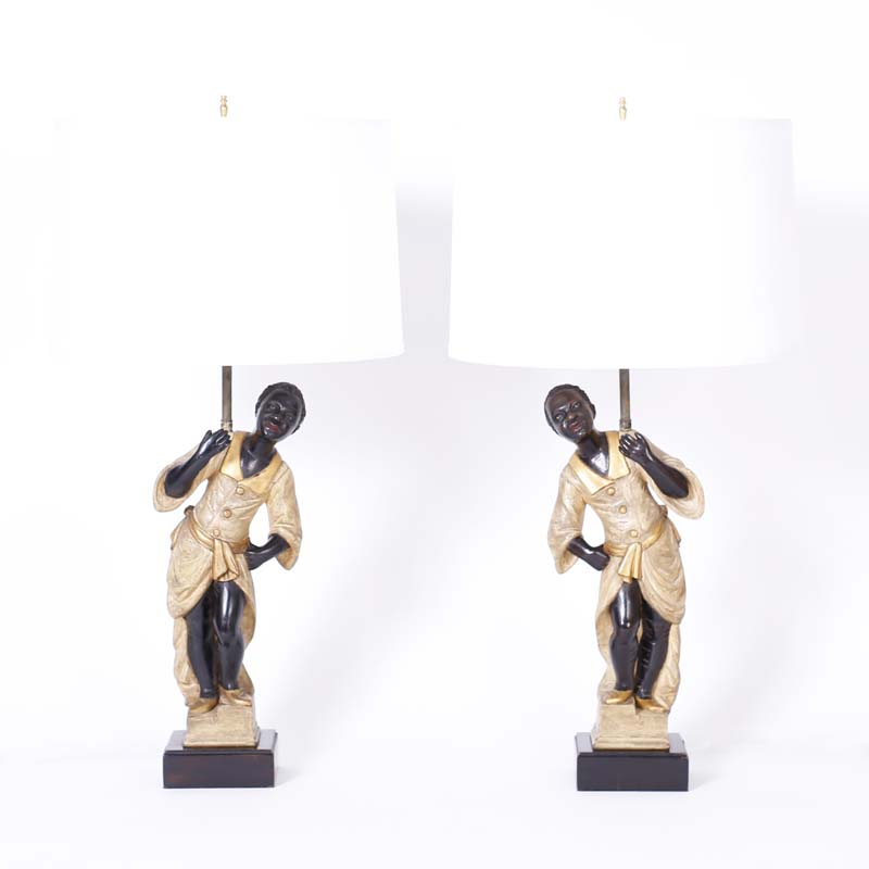 Pair of Carved Wood Painted Table Lamps with Moroccan Figures