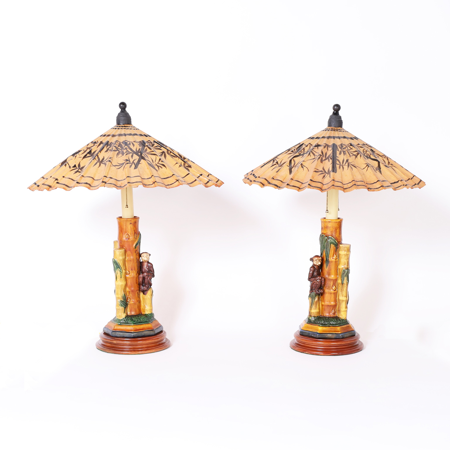 Pair of Chinese Porcelain Table Lamps with Monkeys and Umbrella Shades