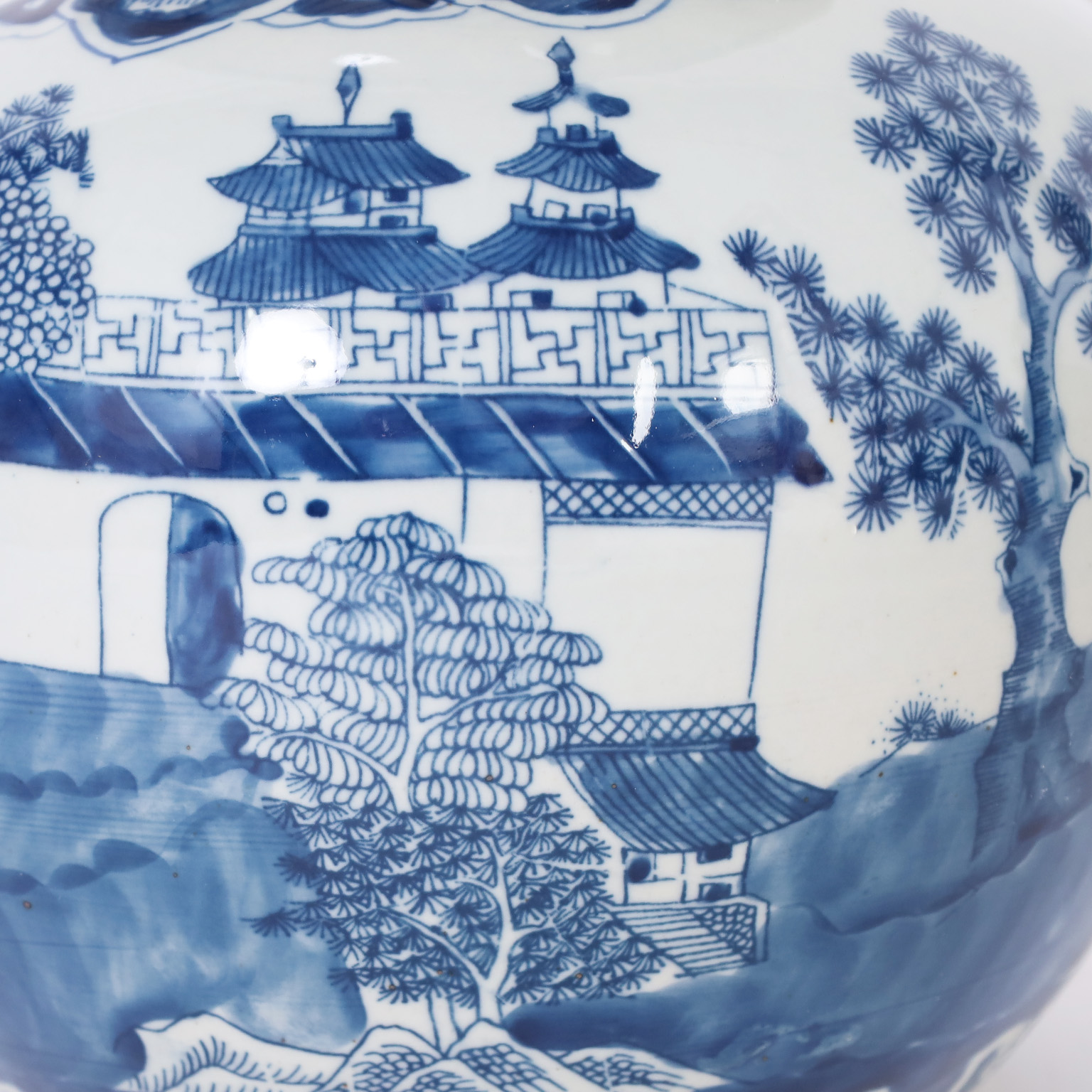 Pair of Chinese Blue and White Porcelain Double Gourd Vases with Pagodas