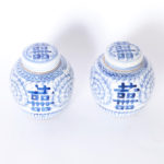 Pair of Chinese Blue and White Hand Decorated Porcelain Double Happiness Tea Caddies