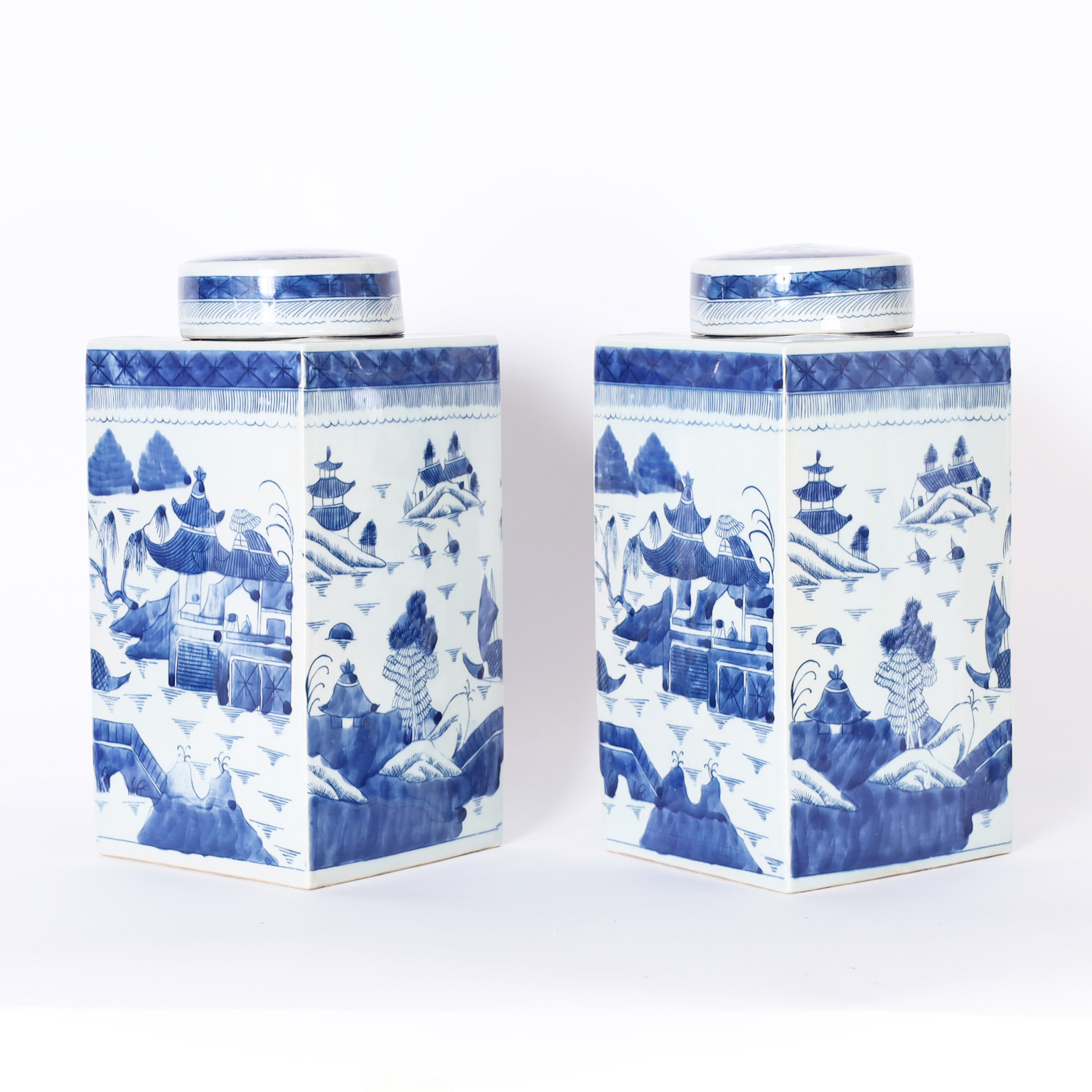 Pair of Chinese Blue and White Porcelain Jars or Tea Caddies