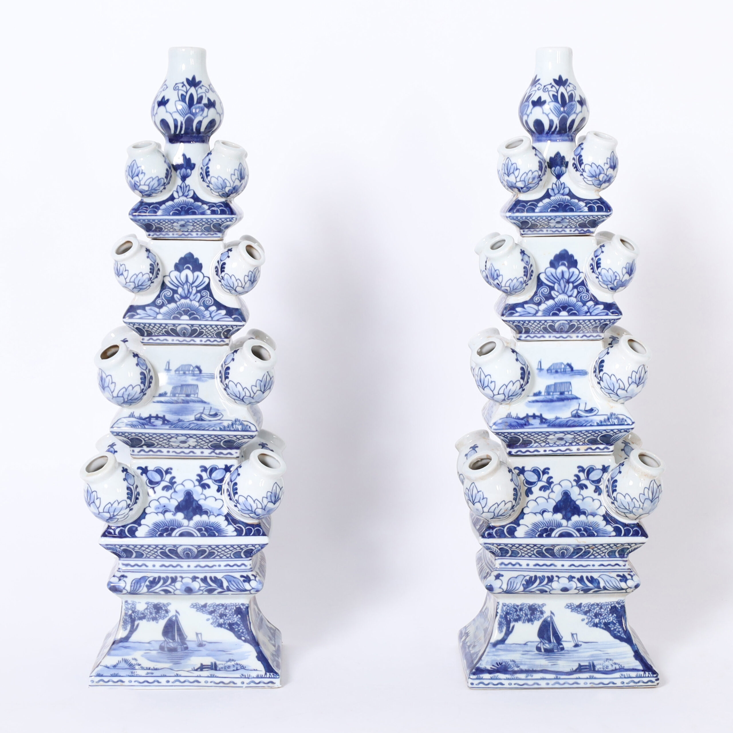 Pair of Chinese Blue and White Porcelain Tulipiere Towers