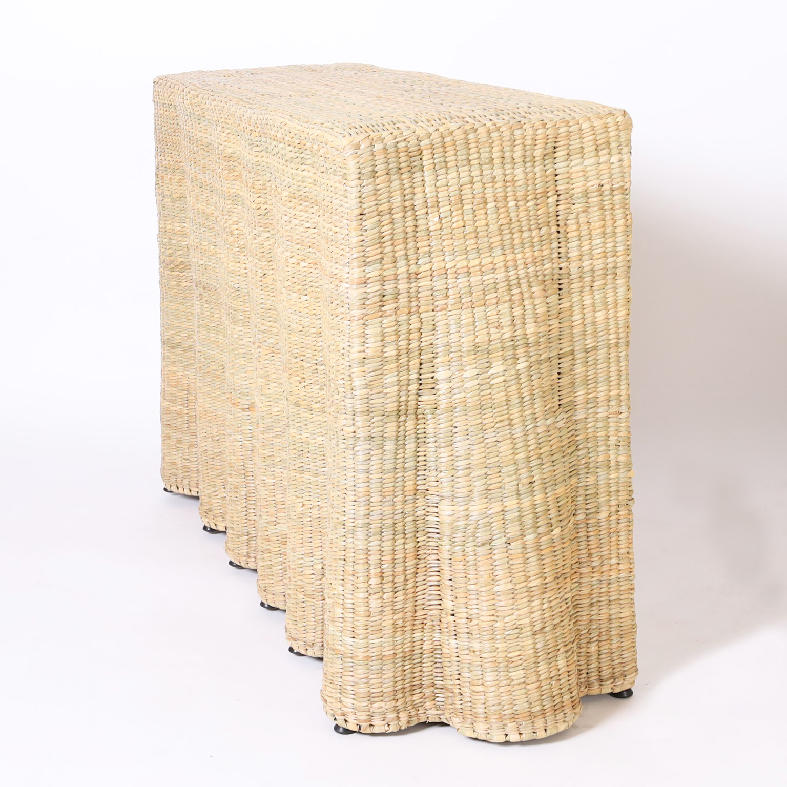The Lucia Pair of Drapery Flat Back Woven Consoles from the FS Flores Collection