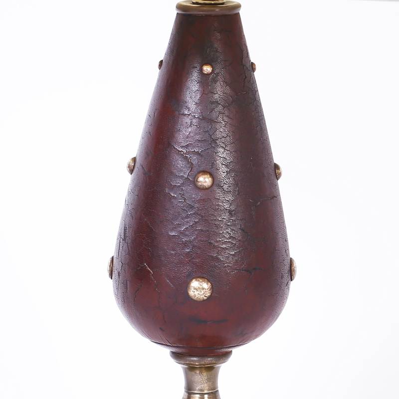 Pair of English Brass Studded Leather Table Lamps