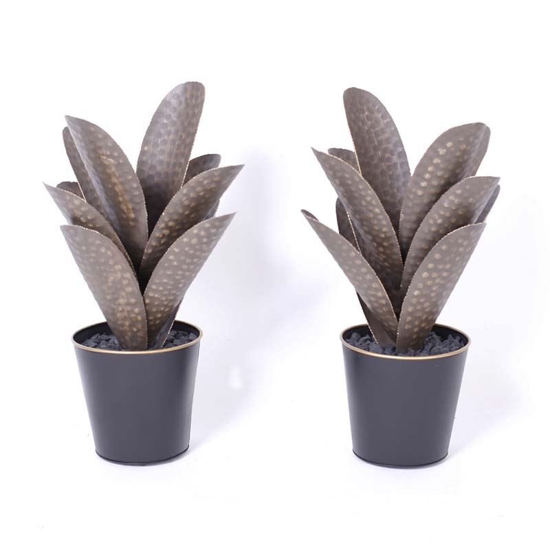 Pair of Faux Agave Plants in Metal Planters