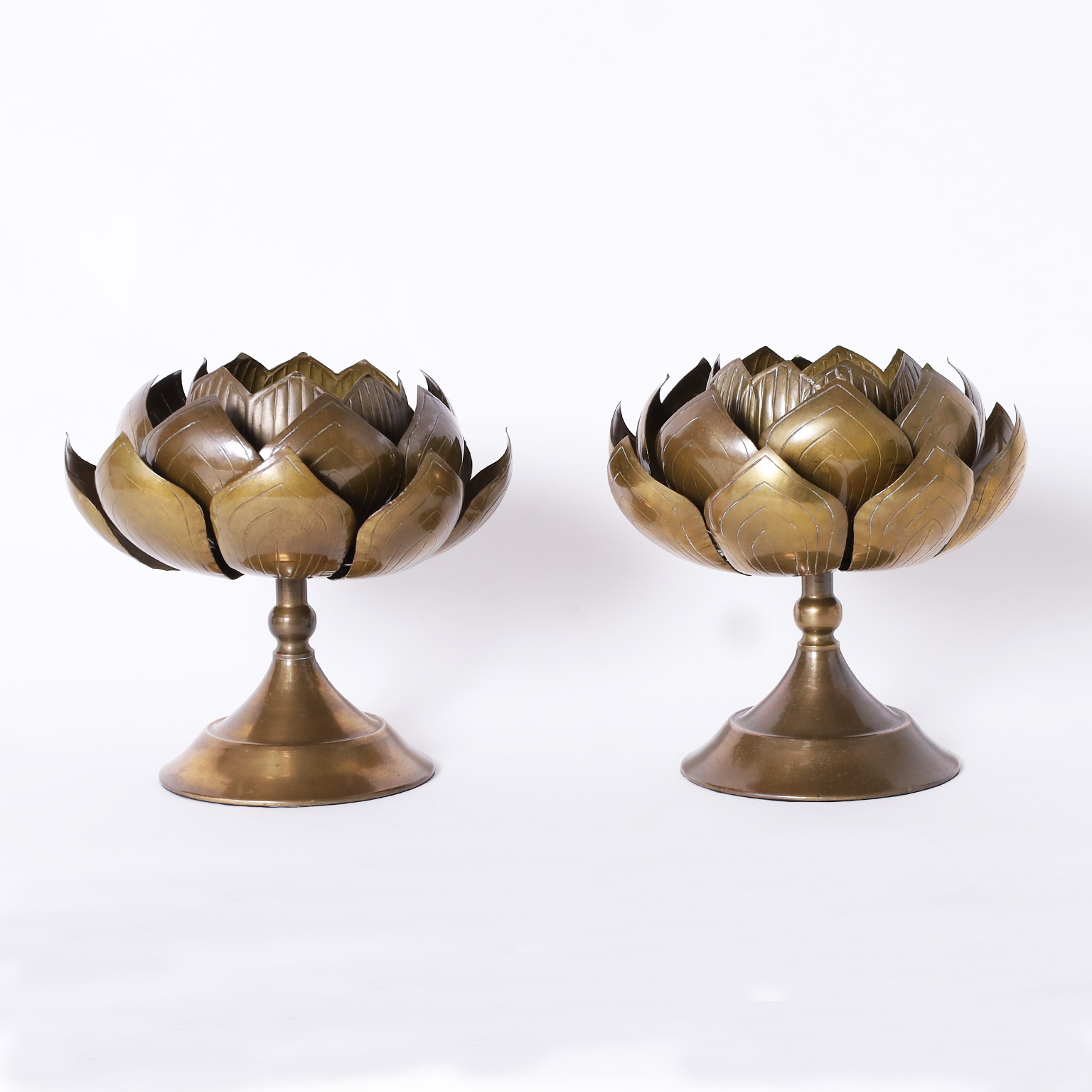 Pair of Mid Century Brass Lotus Candlesticks by Feldman