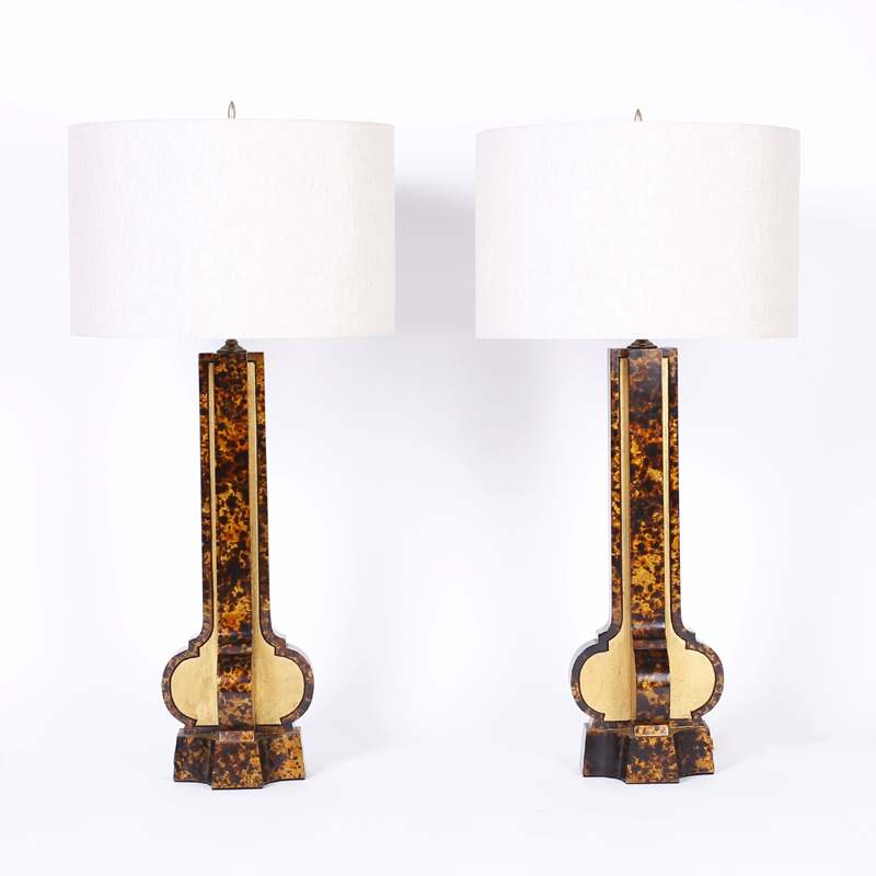 Large Pair of Mid Century Faux Tortoise Table Lamps