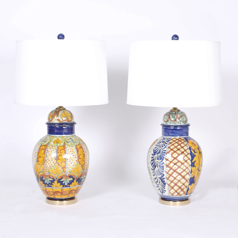 Near Pair of Moroccan Glazed Terra Cotta Table Lamps