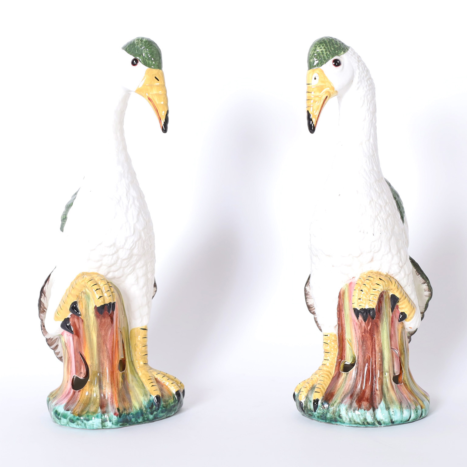 Pair of Italian Porcelain Mojolica Birds Signed Meiselman
