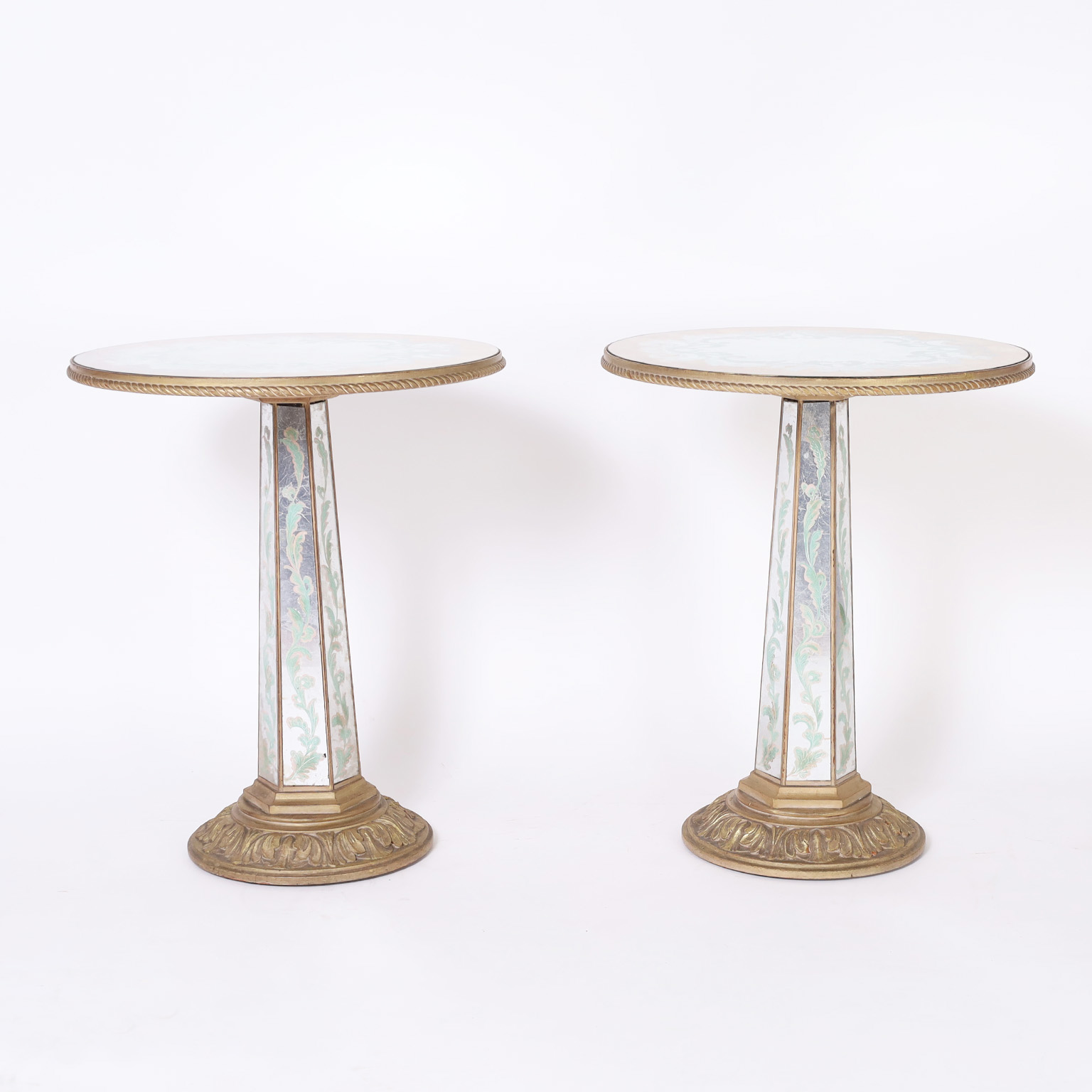 Pair of Italian Venetian Style Mirrored Round Pedestal Stands or Tables