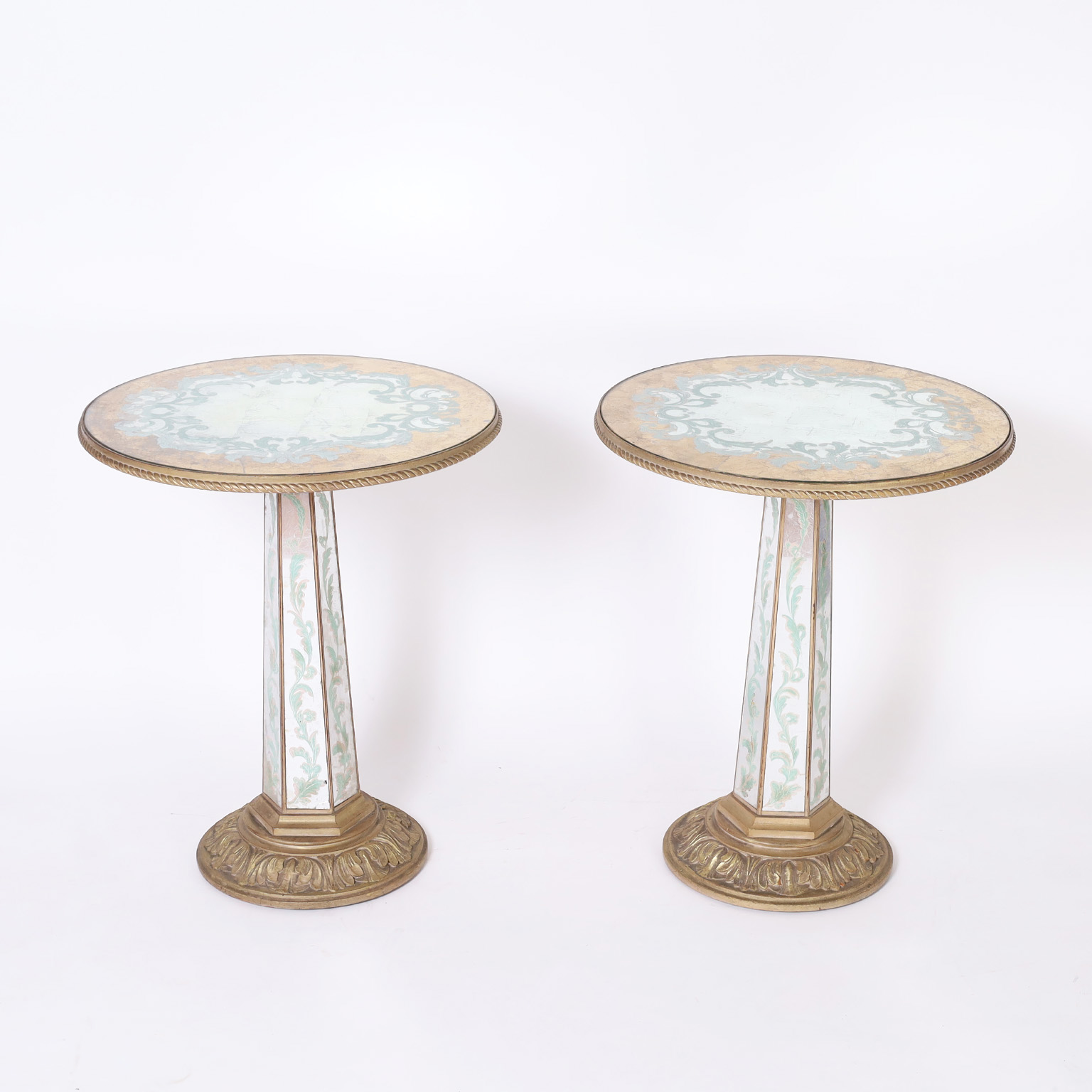 Pair of Italian Venetian Style Mirrored Round Pedestal Stands or Tables