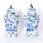 Pair of Large Chinese Blue and White Porcelain Lidded Urns or Jars