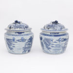 Pair of Chinese Blue and White Porcelain Pots with Pagodas