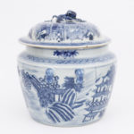 Pair of Chinese Blue and White Porcelain Pots with Pagodas