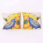 Pair of Linen Throw Pillows with Blue Birds, Priced Individually