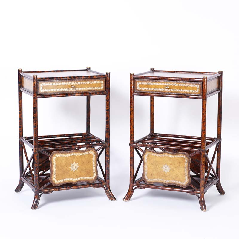 Pair of British Colonial Style Faux Tortoise Stands with Magazine Racks