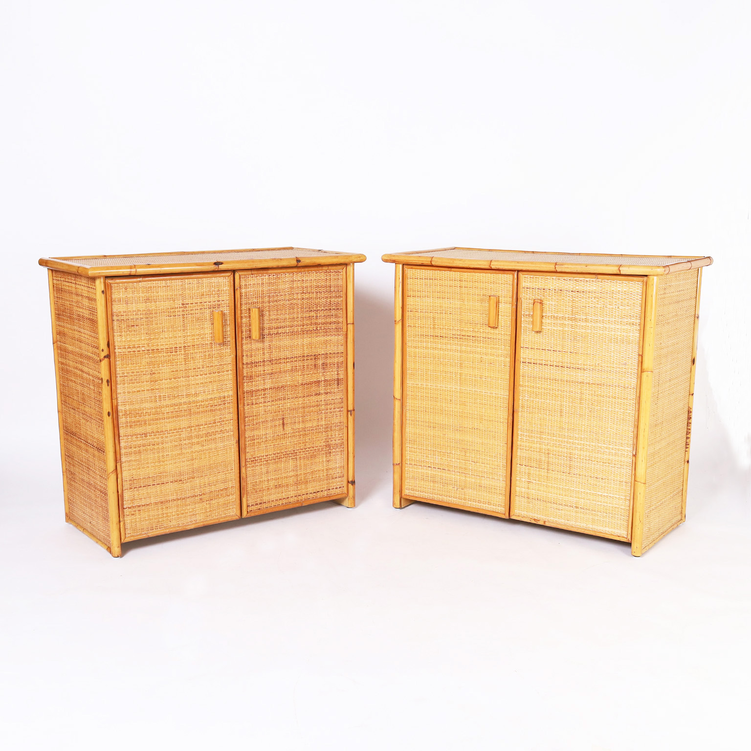 Pair of Mid-Century Two Door Bamboo and Grasscloth Cabinets or Servers