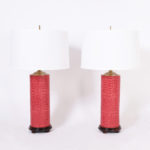 Pair of Red Mid-Century Faux Alligator Table Lamps
