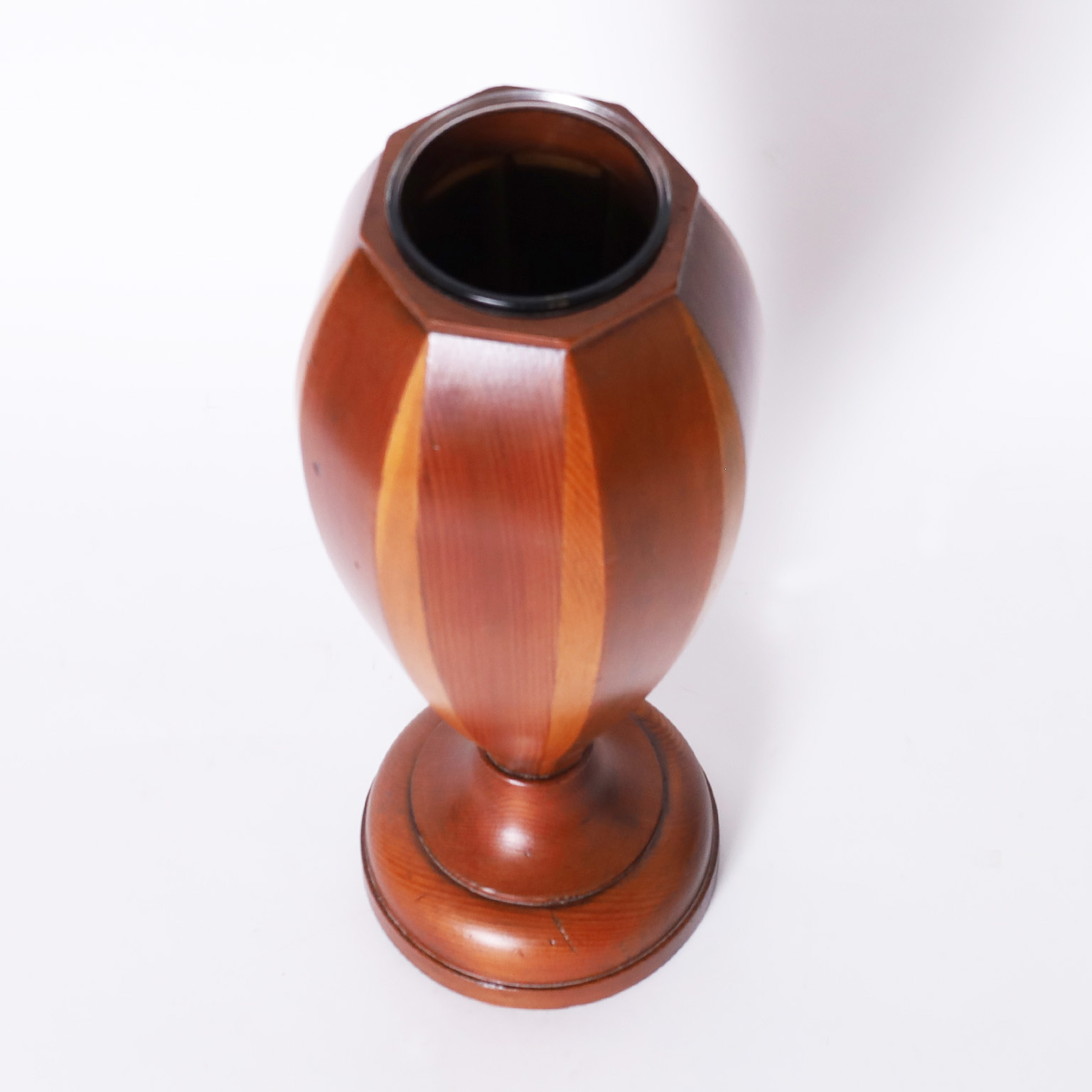 Pair of Mid-Century Glass Lined Mahogany Wood Vases