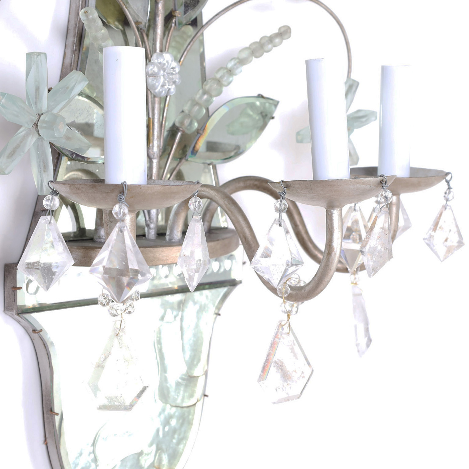Pair of Mid-Century Italian Mirrored Wall Sconces with Rock Crystals