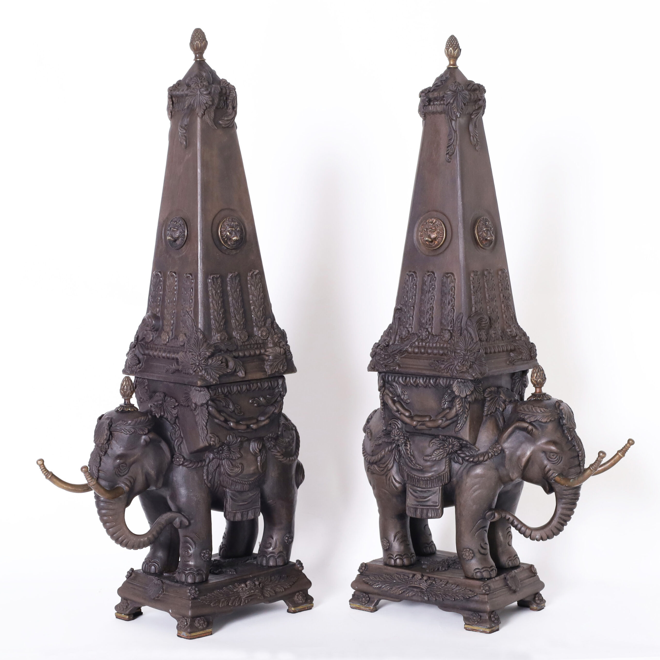 Pair of Neo Classic Earthenware & Bronze Elephants with Obelisks