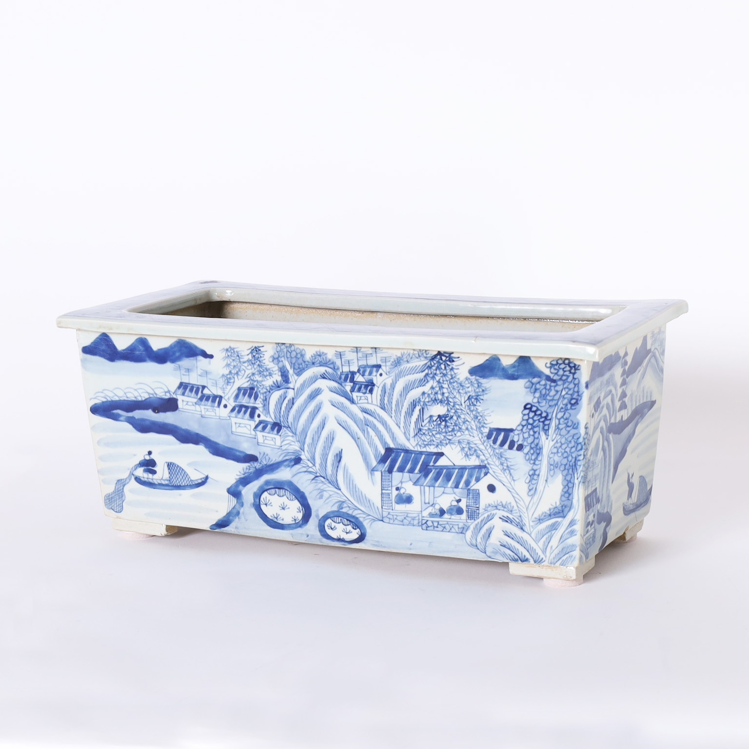 Pair of Chinese Blue and White Porcelain Rectangular Planters