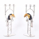 Pair of Silver on Copper Candelabras with Stone Toucans by Emilia Castillo