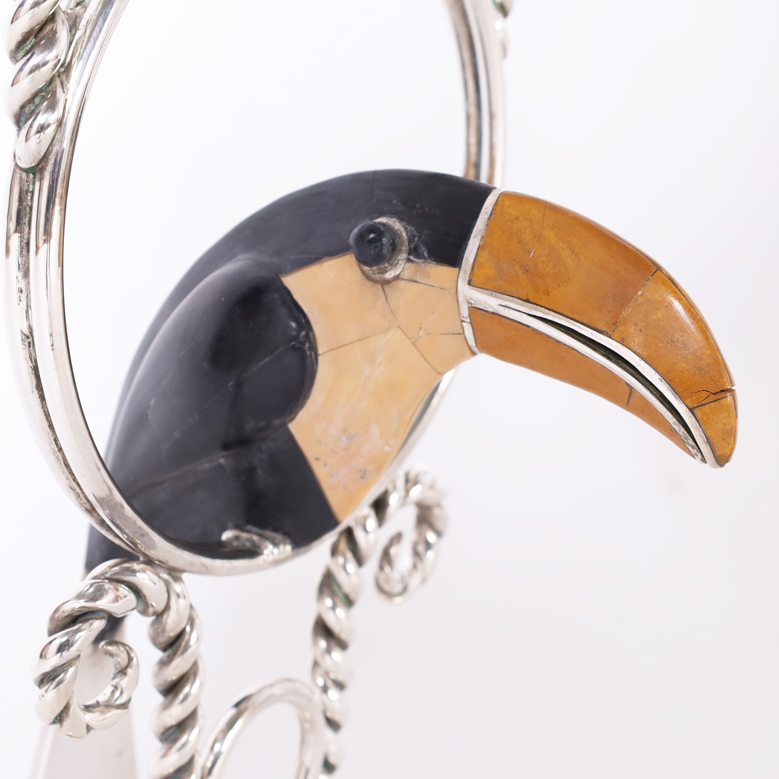 Pair of Silver on Copper Candelabras with Stone Toucans by Emilia Castillo