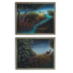 Vintage Haitian Pair of Paintings of Animals in a Jungle by Roland Blain