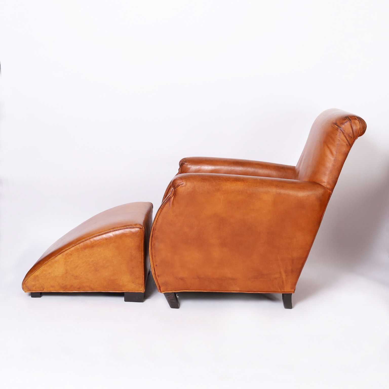 Pair of Vintage Leather Art Deco Style Lounge Chairs and Ottomans by William Allen
