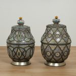 Pair of Vintage Moroccan Terra Cotta and Metal Lidded Urns