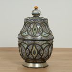 Pair of Vintage Moroccan Terra Cotta and Metal Lidded Urns