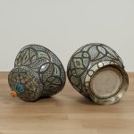 Pair of Vintage Moroccan Terra Cotta and Metal Lidded Urns
