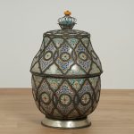 Pair of Vintage Moroccan Terra Cotta and Metal Lidded Urns