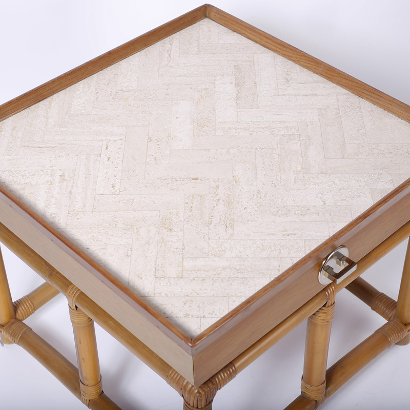 Pair of Mid Century Travertine & Bamboo End Tables