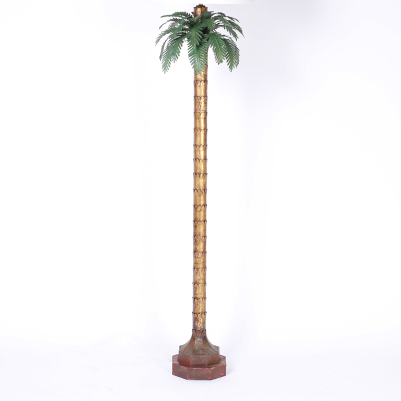 Mid Century Italian Tole and Gilt Metal Palm Tree Floor Lamp